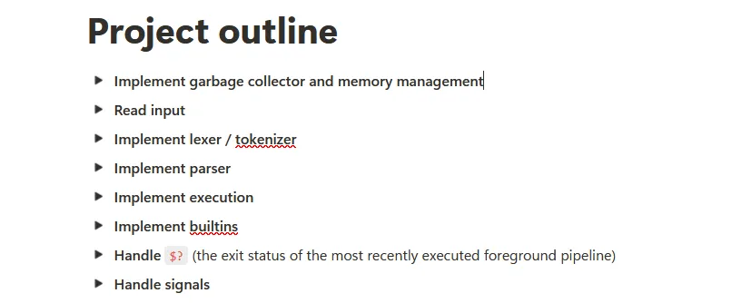 Notion screenshot showing project outline of minishell